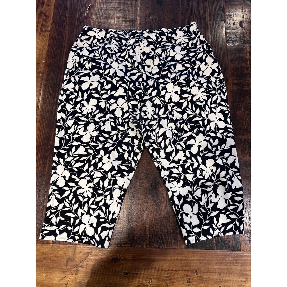 Lauren Ralph Lauren Womens 22W Floral Cropped Pants Black White Cotton Stretch